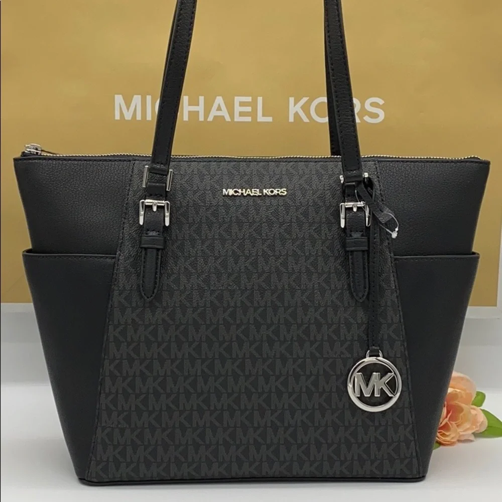 MICHAEL KORS CHARLOTTE LARGE TOP ZIP TOTE BLACK - Picture 5 of 16